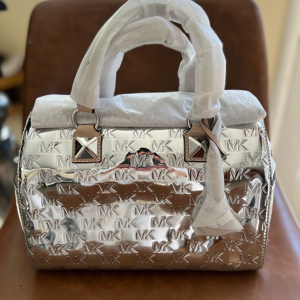 Michael Kors Silver Mirror MK Embossed Satchel